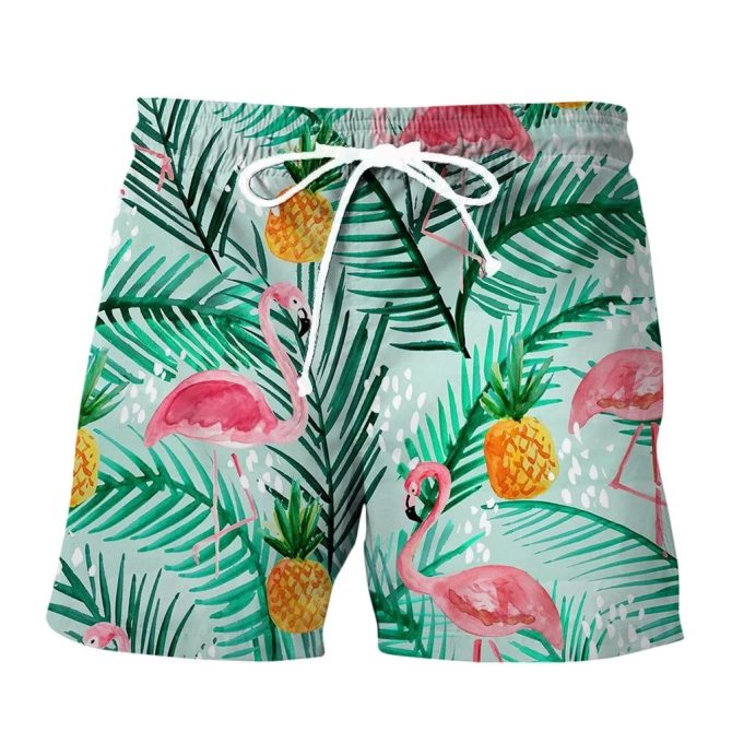 Tropical Flamingo & Pineapple Print Swim Shorts - Men'S Quick Dry Beachwear