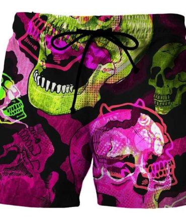 Vibrant Skull Print Swim Trunks - Neon Pink & Green Graphic Beach Shorts For Men
