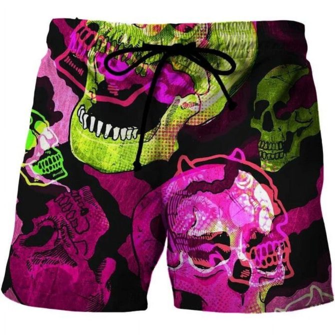 Vibrant Skull Print Swim Trunks - Neon Pink & Green Graphic Beach Shorts For Men