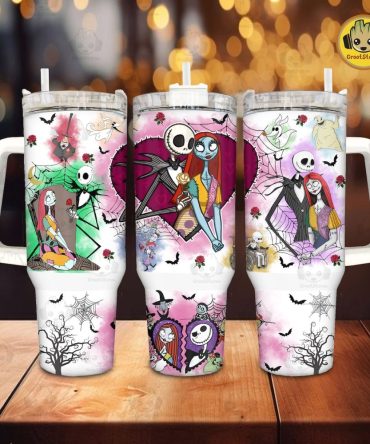 Colorful Halloween-Themed Travel Mug With Straw - Jack & Sally Design - 20Oz Insulated Tumbler