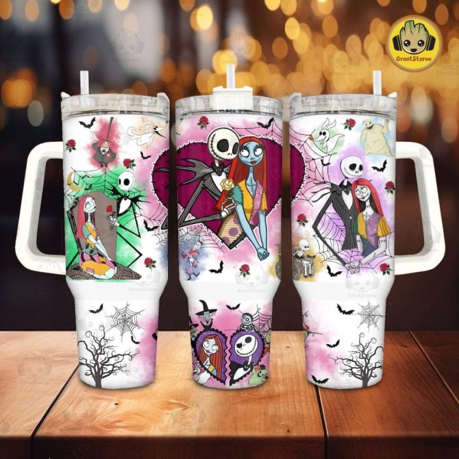Colorful Halloween-Themed Travel Mug With Straw - Jack & Sally Design - 20Oz Insulated Tumbler