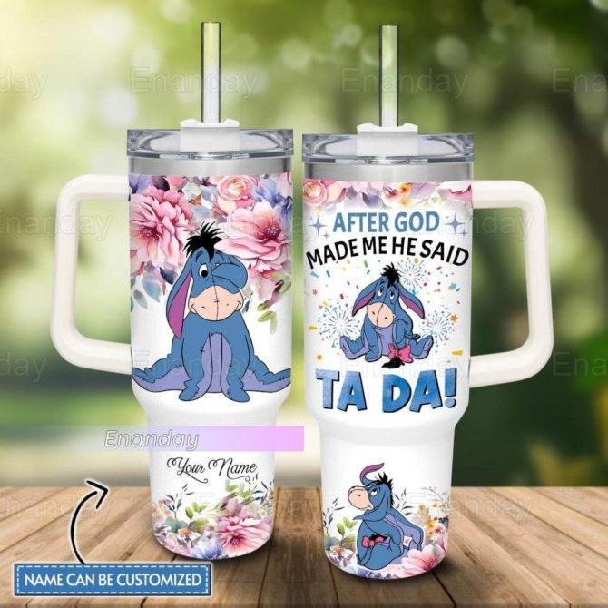 Custom Name Floral Eeyore Tumbler - Unique Gift With Handle & Straw, Add Personal Touch!