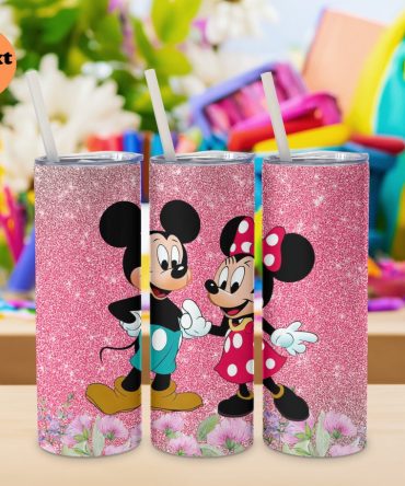 Pink Glitter Tumbler With Cartoon Couple Design - Ships Next Day!