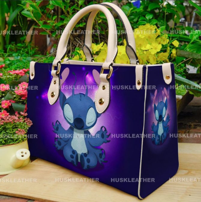 Stitch Ohana Chic Purple Leather Handbag With Cute Blue Character Print – Stylish & Spacious Tote For Everyday Use