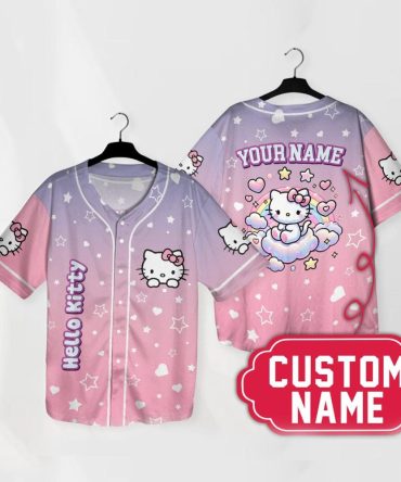 Custom Name Hello Kitty Baseball Jersey – Cute Pink Star & Heart Design