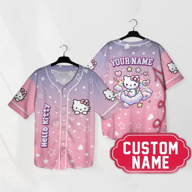 Custom Name Hello Kitty Baseball Jersey – Cute Pink Star & Heart Design