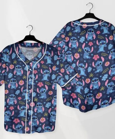 Stitch-Themed Floral Button-Up Baseball Jersey Shirt – Fun Hawaiian Design For Adults