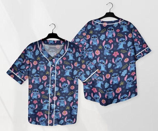 Stitch-Themed Floral Button-Up Baseball Jersey Shirt – Fun Hawaiian Design For Adults
