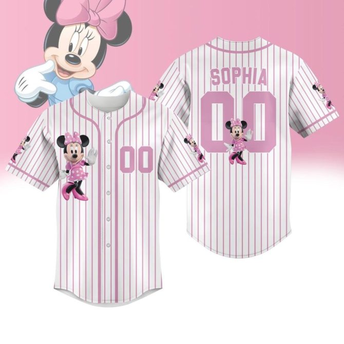 Custom Minnie Mouse Pink Striped Baseball Jersey – Personalized Kids Gift
