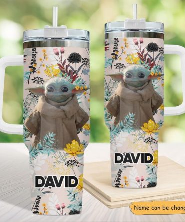 Custom Name Floral Baby Alien Tumbler With Handle & Straw - Personalized Gift Mug