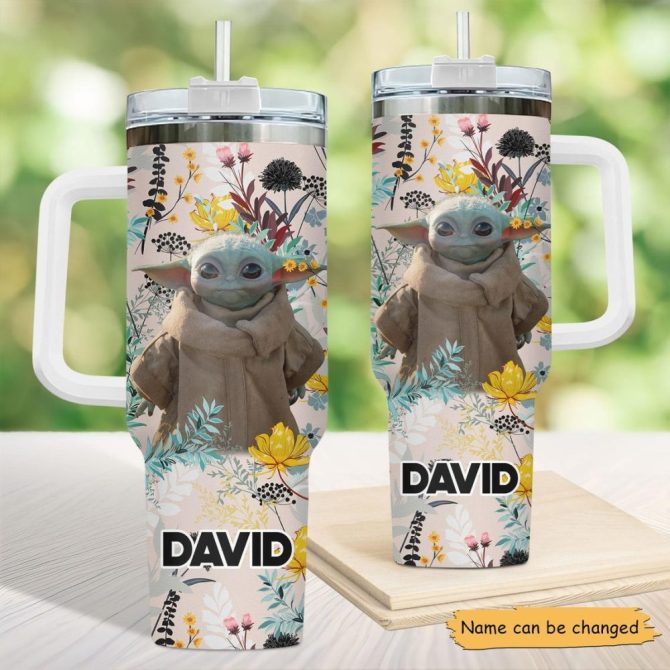 Custom Name Floral Baby Alien Tumbler With Handle & Straw - Personalized Gift Mug