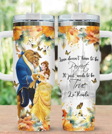 Enchanting Beauty & Beast Floral Tumbler With Straw – Perfect Gift For Disney Lovers