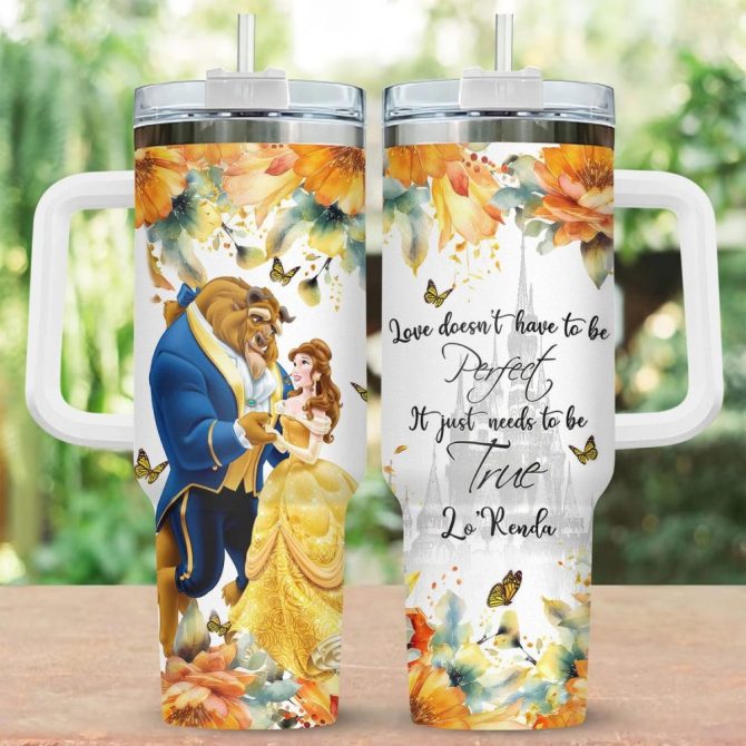 Enchanting Beauty & Beast Floral Tumbler With Straw – Perfect Gift For Disney Lovers