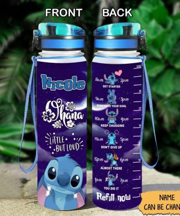 Custom Name Stitch Water Bottle - Motivational Tracker & Cute Design - Stay Hydrated!