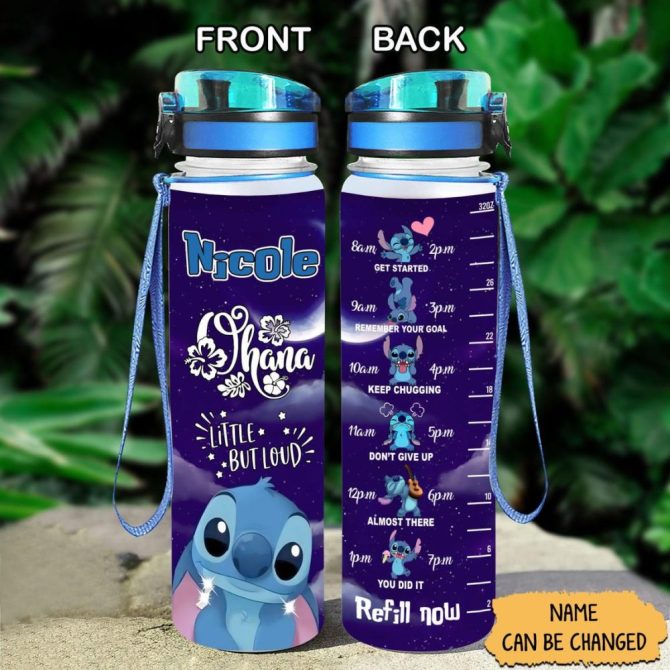 Custom Name Stitch Water Bottle - Motivational Tracker & Cute Design - Stay Hydrated!