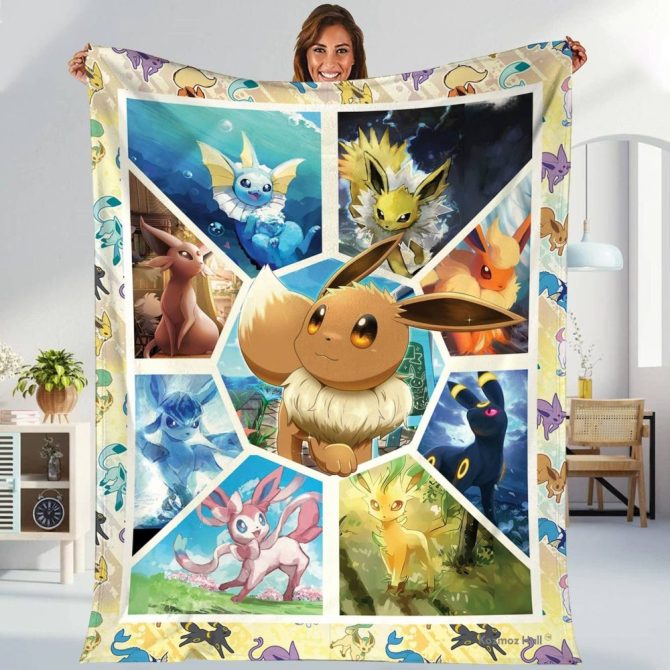 Cozy Eevee Evolution Fleece Blanket - Soft, Vibrant Design For Pokémon Fans