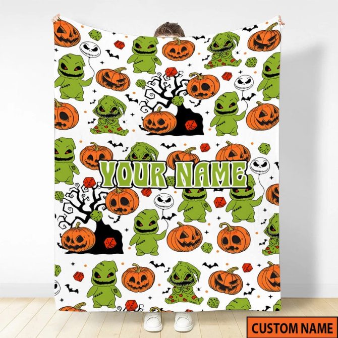 Custom Name Halloween Blanket - Spooky Green Monsters & Pumpkins - Perfect Personalized Gift!