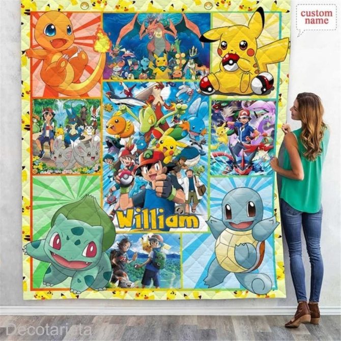 Custom Name Pokémon Quilt - Personalized Kids Bedding, Vibrant Cartoon Design
