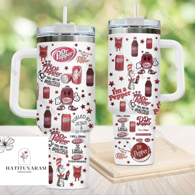 Dr Pepper Themed Tumbler With Handle & Straw - 20Oz Stainless Steel Insulated Mug