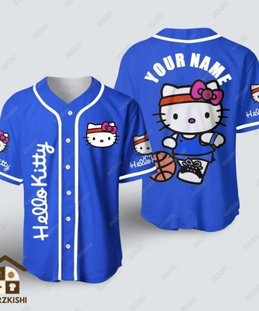 Customizable Hello Kitty Blue Baseball Jersey - Personalized Name & Sporty Design