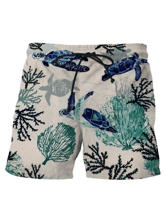 Men'S Sea Turtle Swim Trunks - Quick-Dry Beach Shorts With Ocean Print