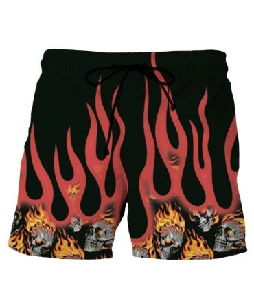 Men'S Flame Skull Swim Trunks - Bold Graphic Beachwear, Quick-Dry Shorts For Summer Adventures