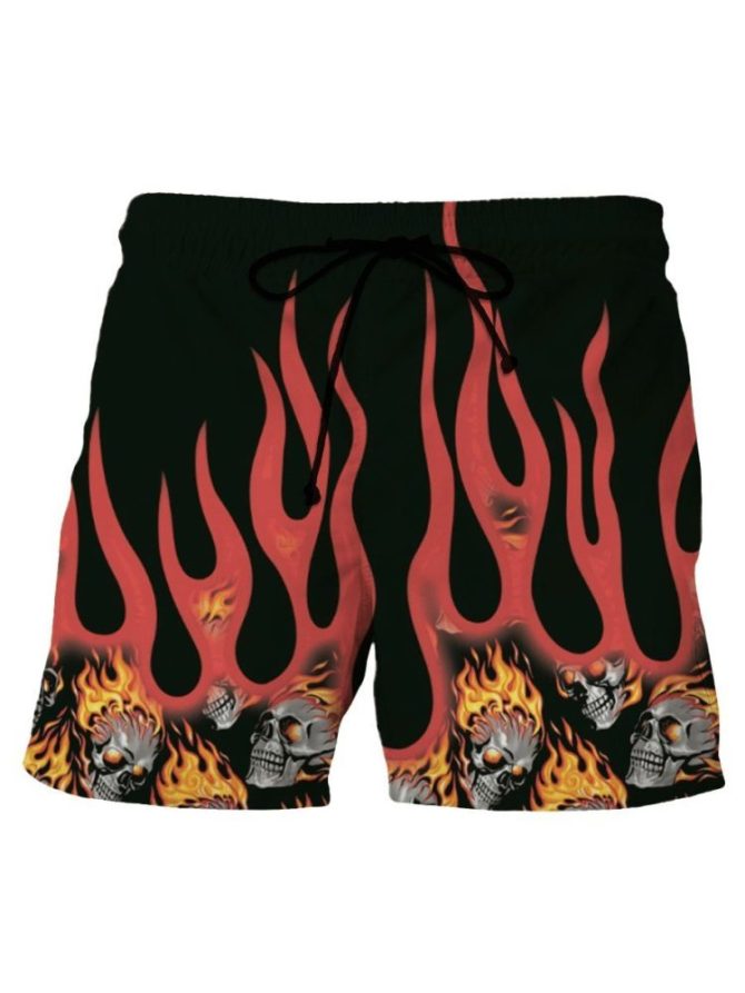 Men'S Flame Skull Swim Trunks - Bold Graphic Beachwear, Quick-Dry Shorts For Summer Adventures