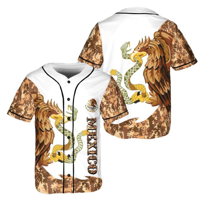 Stylish Mexico Eagle Baseball Jersey - Camo Design, Men'S Short Sleeve