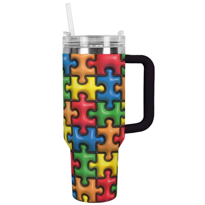 Colorful Puzzle Piece Insulated Travel Mug With Straw & Handle - 30 Oz Spill-Proof Tumbler - Image 2