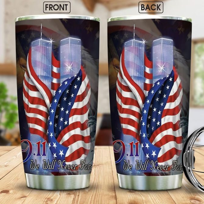 9/11 Tribute Tumbler - Patriotic American Flag Design - We Will Never Forget - 20Oz Insulated Travel Mug