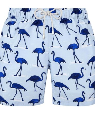 Men'S Blue Flamingo Swim Trunks - Stylish Quick-Dry Beach Shorts With Drawstring
