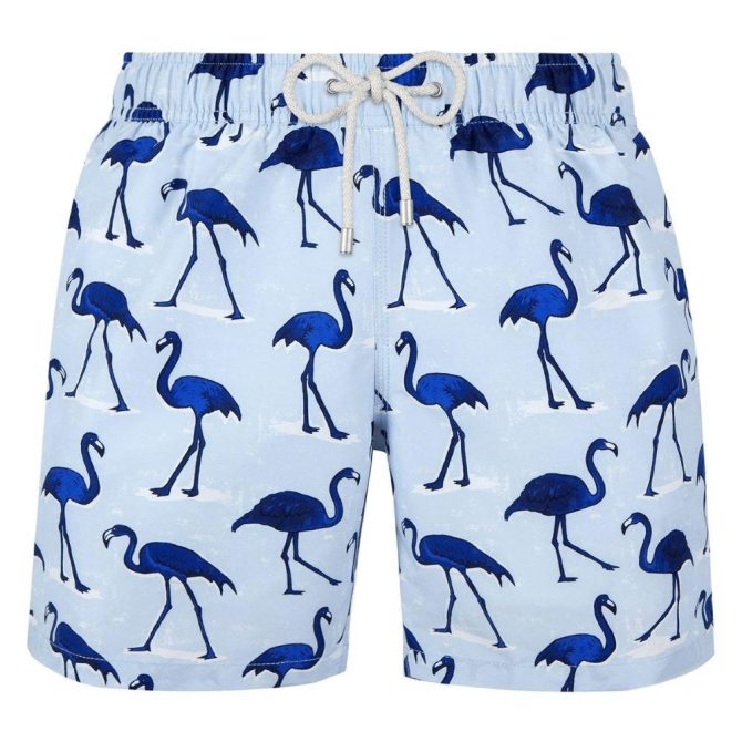 Men'S Blue Flamingo Swim Trunks - Stylish Quick-Dry Beach Shorts With Drawstring