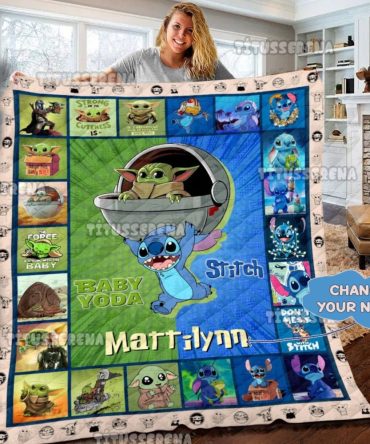 Custom Baby Yoda & Stitch Blanket - Personalized Name Gift For Kids