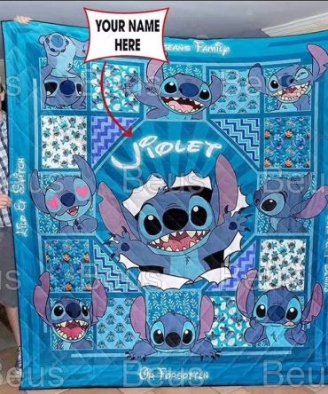 Personalized Stitch Blanket – Custom Name Gift, Cozy Kids Bedding, Blue Cartoon Quilt
