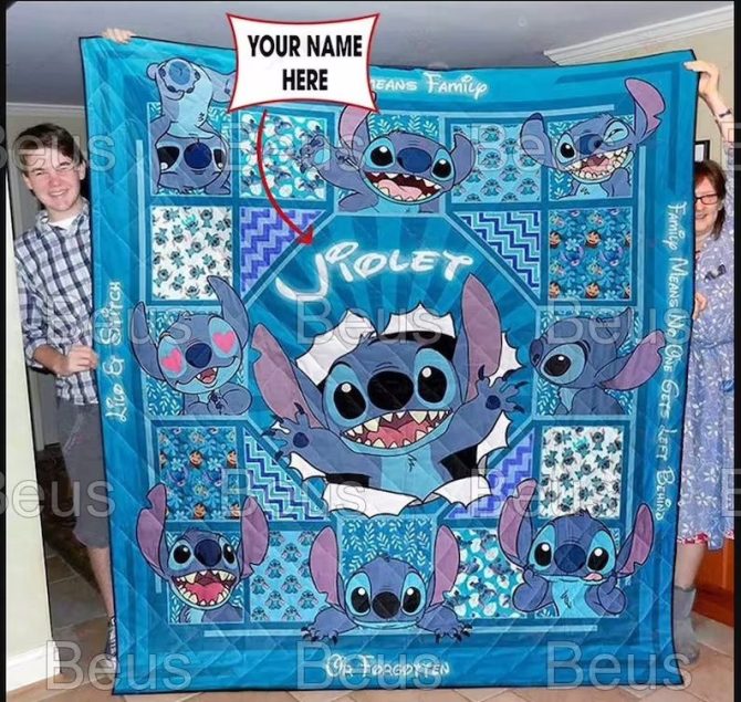 Personalized Stitch Blanket – Custom Name Gift, Cozy Kids Bedding, Blue Cartoon Quilt