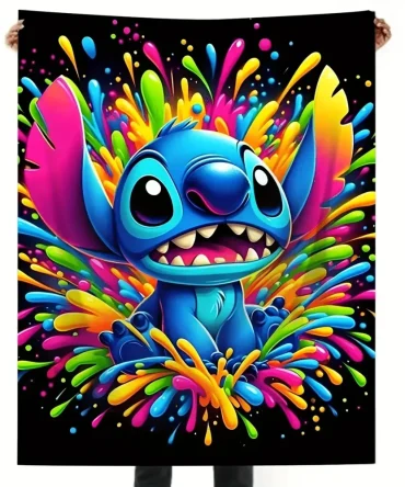 Vibrant Splash Art Blanket With Cute Blue Character – Cozy & Colorful Home Decor