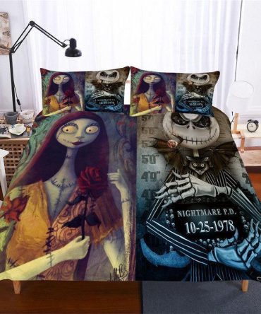 Nightmare Before Christmas Spooky Gothic Bedding Set - Halloween Skeleton & Rose Design - Queen/King Size