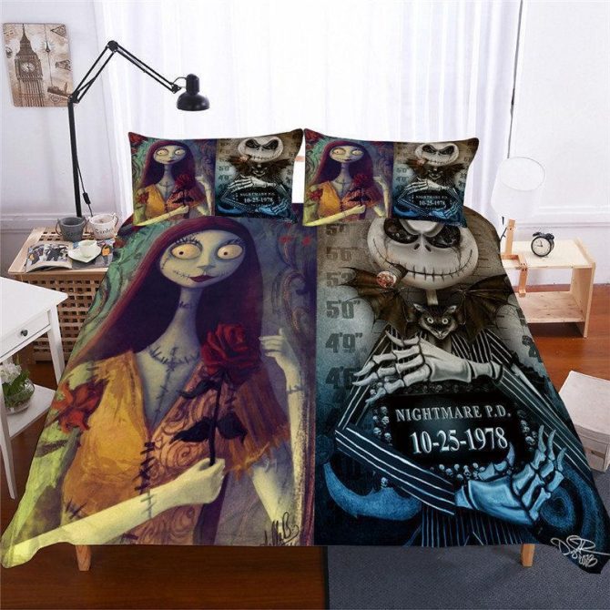 Nightmare Before Christmas Spooky Gothic Bedding Set - Halloween Skeleton & Rose Design - Queen/King Size