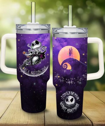 Jack Skellington Themed Travel Mug With Straw - Double-Walled Insulated - Unique Halloween Gift