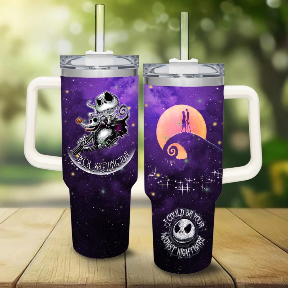 Jack Skellington Themed Travel Mug With Straw - Double-Walled Insulated - Unique Halloween Gift