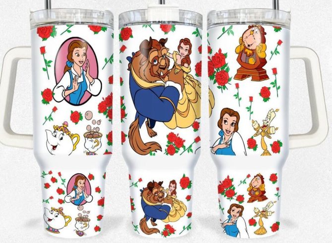 Beauty And The Beast Insulated Travel Mug – Cute Cartoon Design, 20Oz Tumbler With Lid & Straw – Perfect Gift!