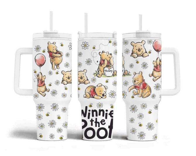 Adorable Winnie The Pooh Tumbler With Straw - Cute Daisy & Bee Design - Perfect Gift!