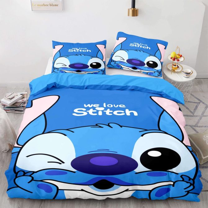 Cozy Up With Stitch: Adorable Blue Bedding Set For Disney Fans – Queen Size