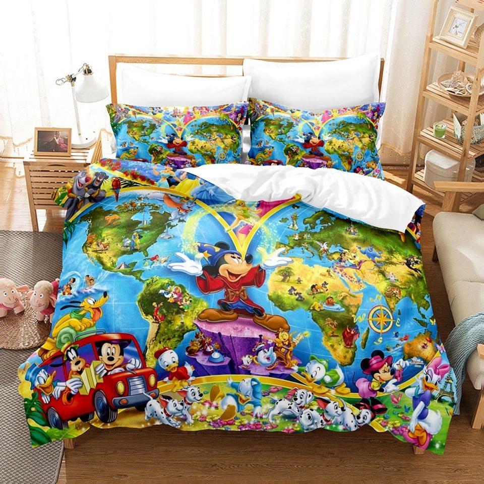 Enchanting Cartoon World Map Bedding Set - Vibrant Kids' Duvet Cover & Pillowcases