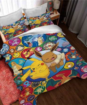 Cozy Pokémon Bedding Set – Colorful Pikachu & Eevee Design For Kids – Twin/Full Size Quilt Cover + Pillowcase