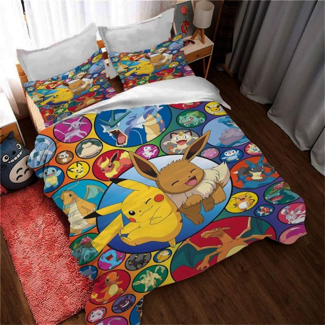 Cozy Pokémon Bedding Set – Colorful Pikachu & Eevee Design For Kids – Twin/Full Size Quilt Cover + Pillowcase