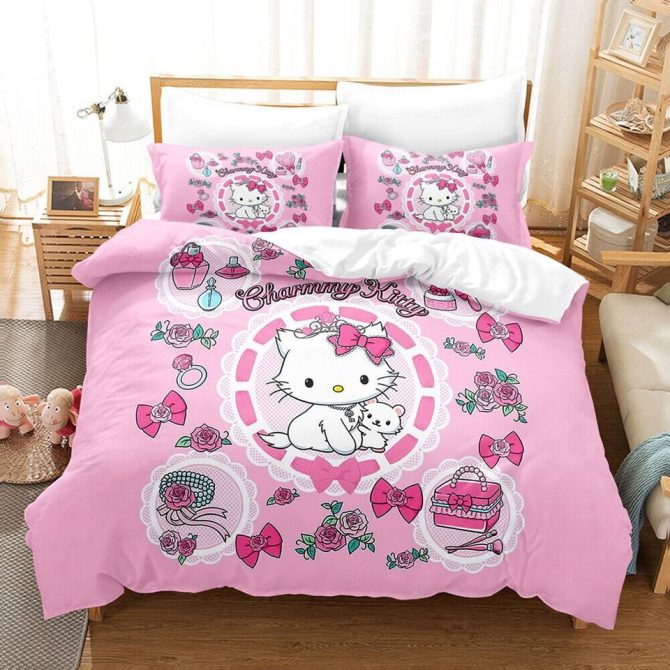 Charming Kitty Pink Bedding Set - Cute Cartoon Design For Kids' Bedroom Decor