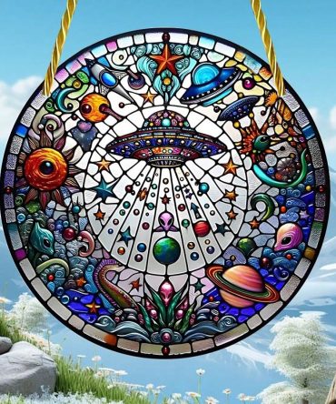 Colorful Cosmic Stained Glass Suncatcher - Unique Ufo & Planet Design For Home Decor