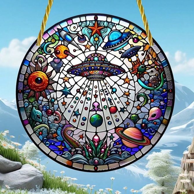 Aliens UFO Colorful Cosmic Stained Glass Suncatcher - Unique Ufo & Planet Design For Home Decor