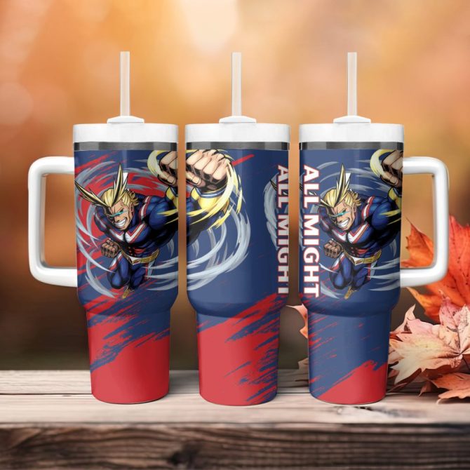 Heroic All Might Travel Mug - Insulated Stainless Steel Tumbler With Handle & Straw For Anime Fans